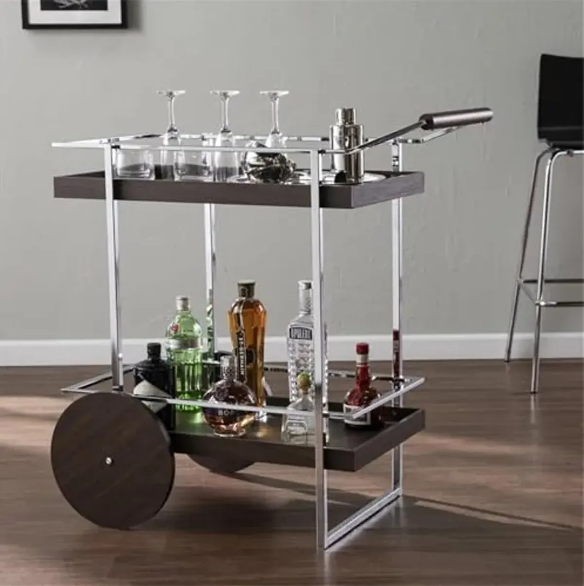 SEI Furniture Dorben Rolling Bar Cart, Wine Glass and Glass Holder, Brown