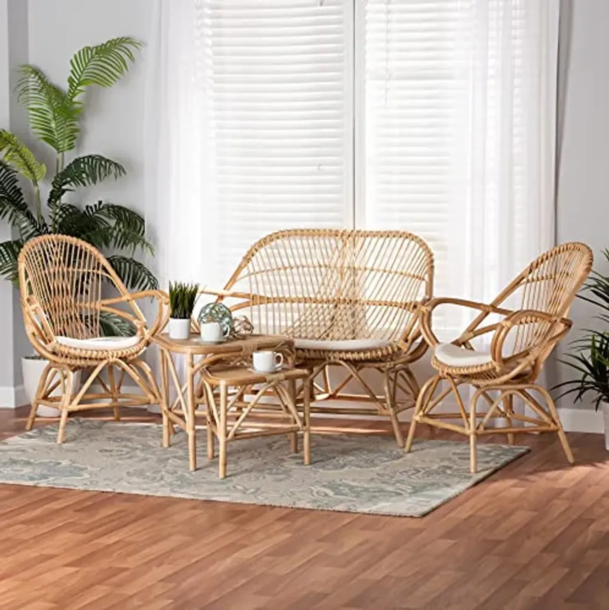 Bali & pari Jayden Modern Bohemian Natural Rattan 5-Piece Living Room Set