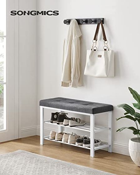 SONGMICS Shoe Bench, 3-Tier Shoe Rack for Entryway, Storage Organizer with Foam Padded Seat, Linen, Metal Frame, for Living Room, Hallway, 12.2 x 31.9 x 19.3 Inches, Gray and White ULBS057W01