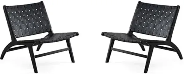 Manhattan Comfort Maintenon Modern Faux Leather Accent Chair with Solid Ashwood Legs, Modern Woven Design, Fully Assembled, Perfect for Living Room, Set of 2, Black/Natural