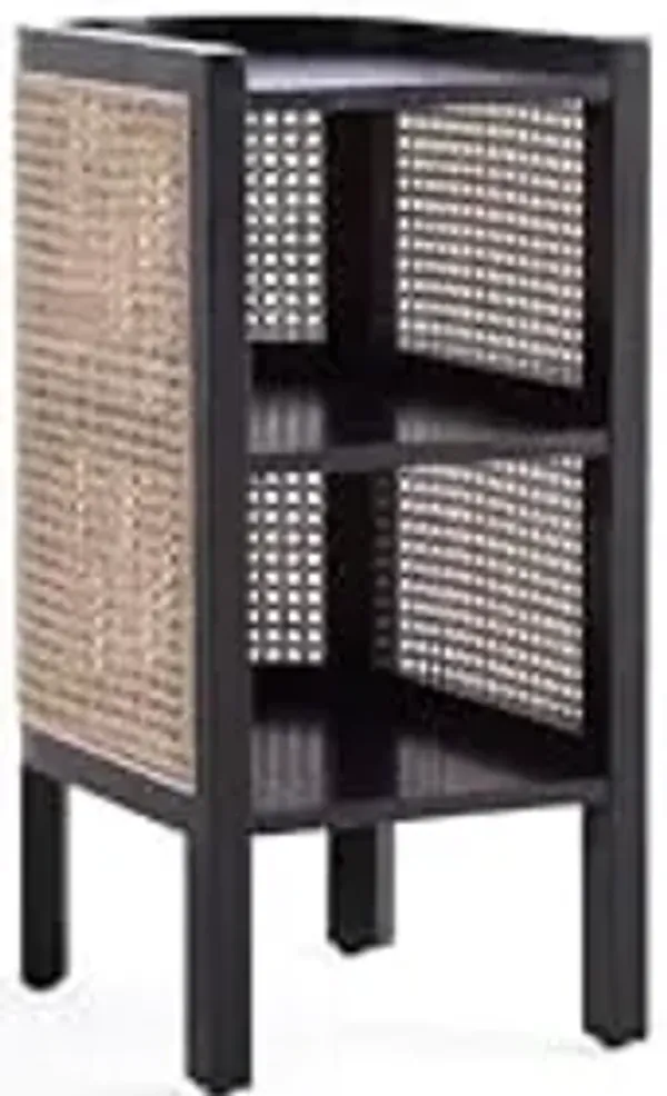Manhattan Comfort Versailles Rattan Bedside End Table Accent Sofa Side Table for Living Room, Bedroom, Study and Home Office with 2 Shelf Storage, Set of 2, Black/Natural Cane