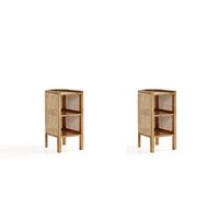 Manhattan Comfort Versailles Rattan Bedside End Accent Sofa Side Table for Living Room, Bedroom, Study and Home Office with 2 Shelf Storage, Set of 2, Natural