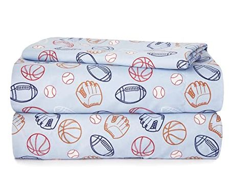 Heritage Kids 3 Piece Sheet Set, Including Top Sheet, Fitted Sheet and 1 Pillow Case, Sports Print, Twin, Blue (K687911)