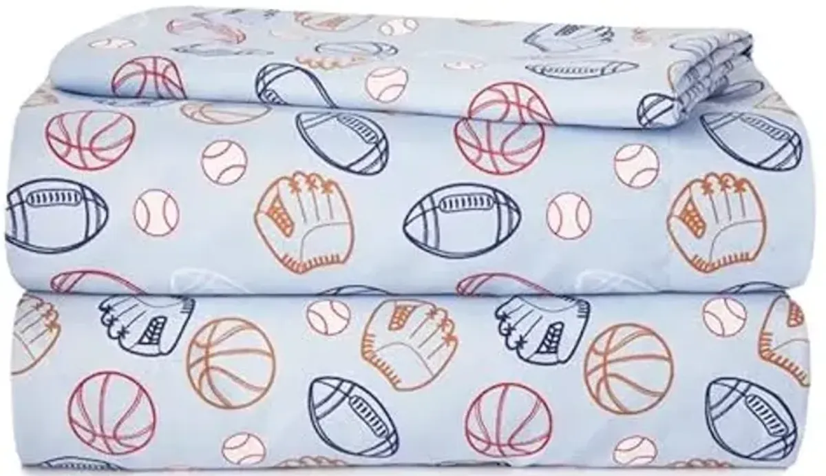 Heritage Kids 3-Piece Twin Bedding Set,Sports Print in Blue, Includes Top Cover, Fitted Sheet & Pillowcase,Soft & Cozy Kids Bed Set