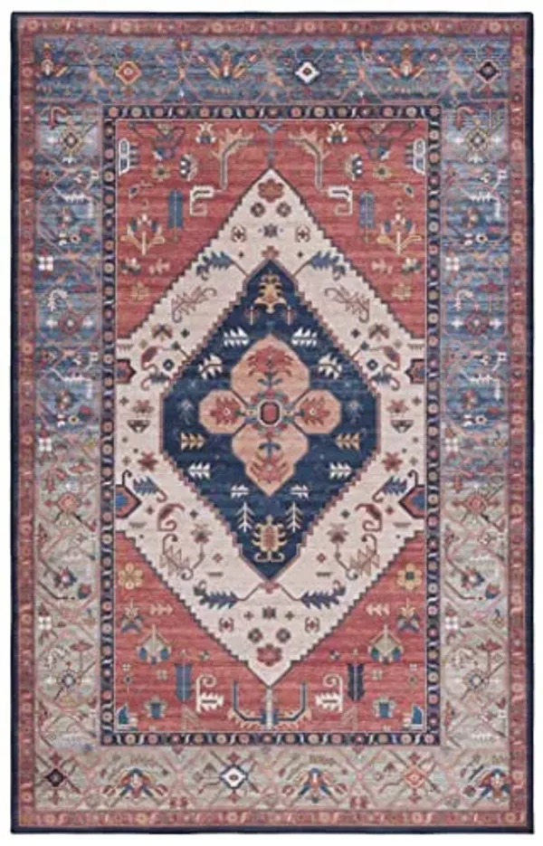 SAFAVIEH Washable Rug Tucson Collection - 4' x 6', Rust & Blue, Slip Resistant & Easy to Clean, Ideal for Foyer, Kitchen, Nursery, Office, Bedroom (TSN153P)