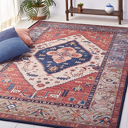 SAFAVIEH Tucson Collection Machine Washable Slip Resistant 4' x 6' Rust / Blue TSN153P Vintage Persian Medallion Entryway Living Room Foyer Bedroom Accent Rug