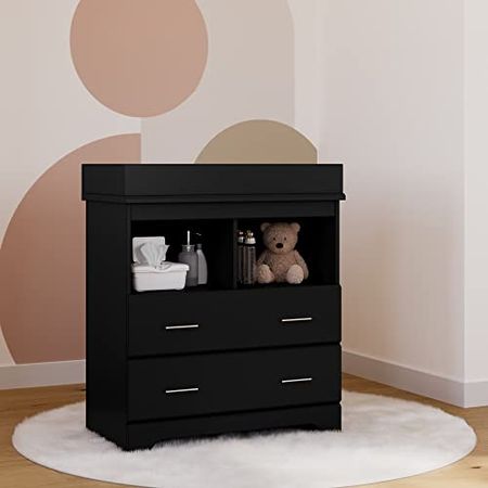 Storkcraft Brookside 2 Drawer Changing Table Dresser (Black) – Nursery Dresser Organizer with Changing Table Topper, Chest of Drawers for Bedroom with 2 Drawers, Universal Design