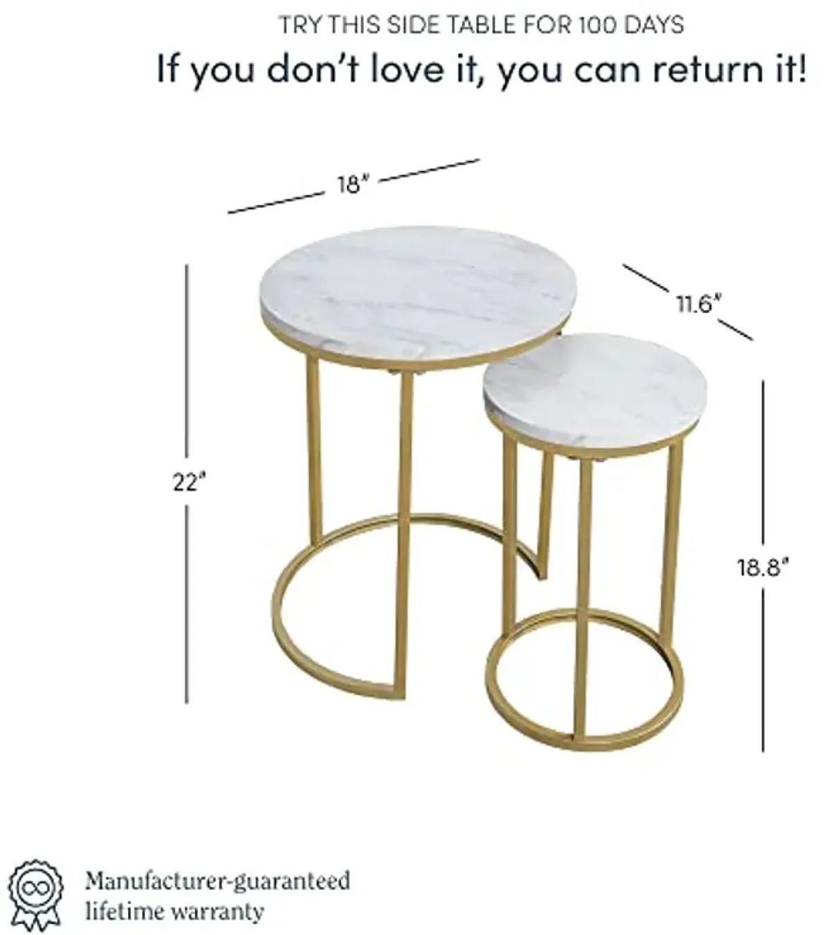 Nathan James Lula Nesting Round Side Set of 2, Accent End Table for Living Room with Wood or Marble Finish Tabletop and Metal Base, White/Gold