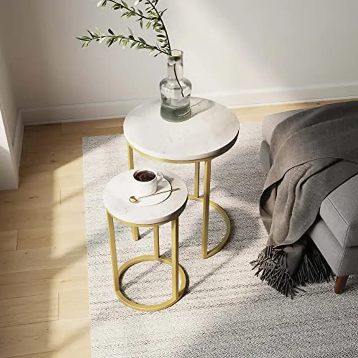 Nathan James Lula Nesting Round Side Set of 2, Accent End Table for Living Room with Wood or Marble Finish Tabletop and Metal Base, White/Gold