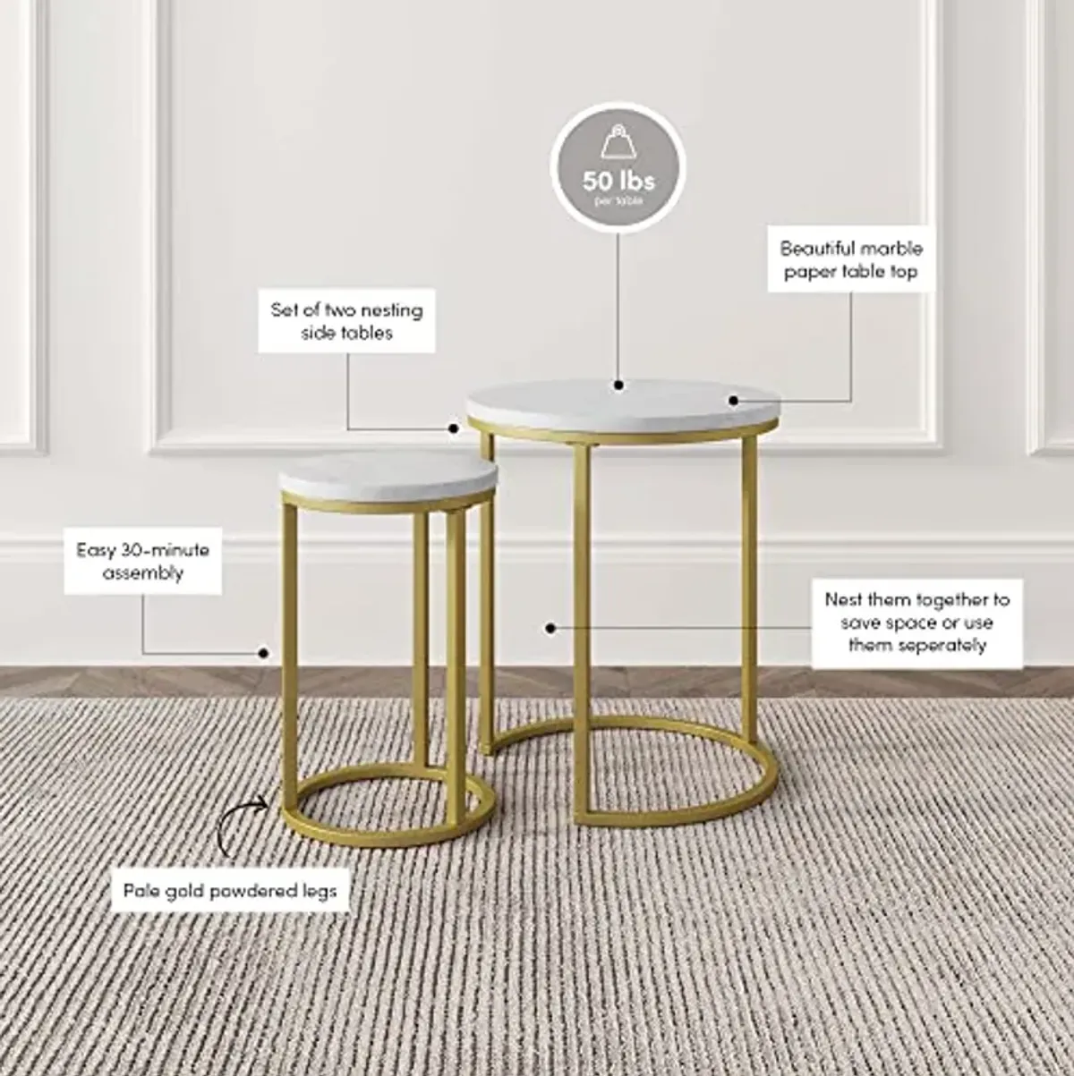 Nathan James Lula Nesting Round Side Set of 2, Accent End Table for Living Room with Wood or Marble Finish Tabletop and Metal Base, White/Gold