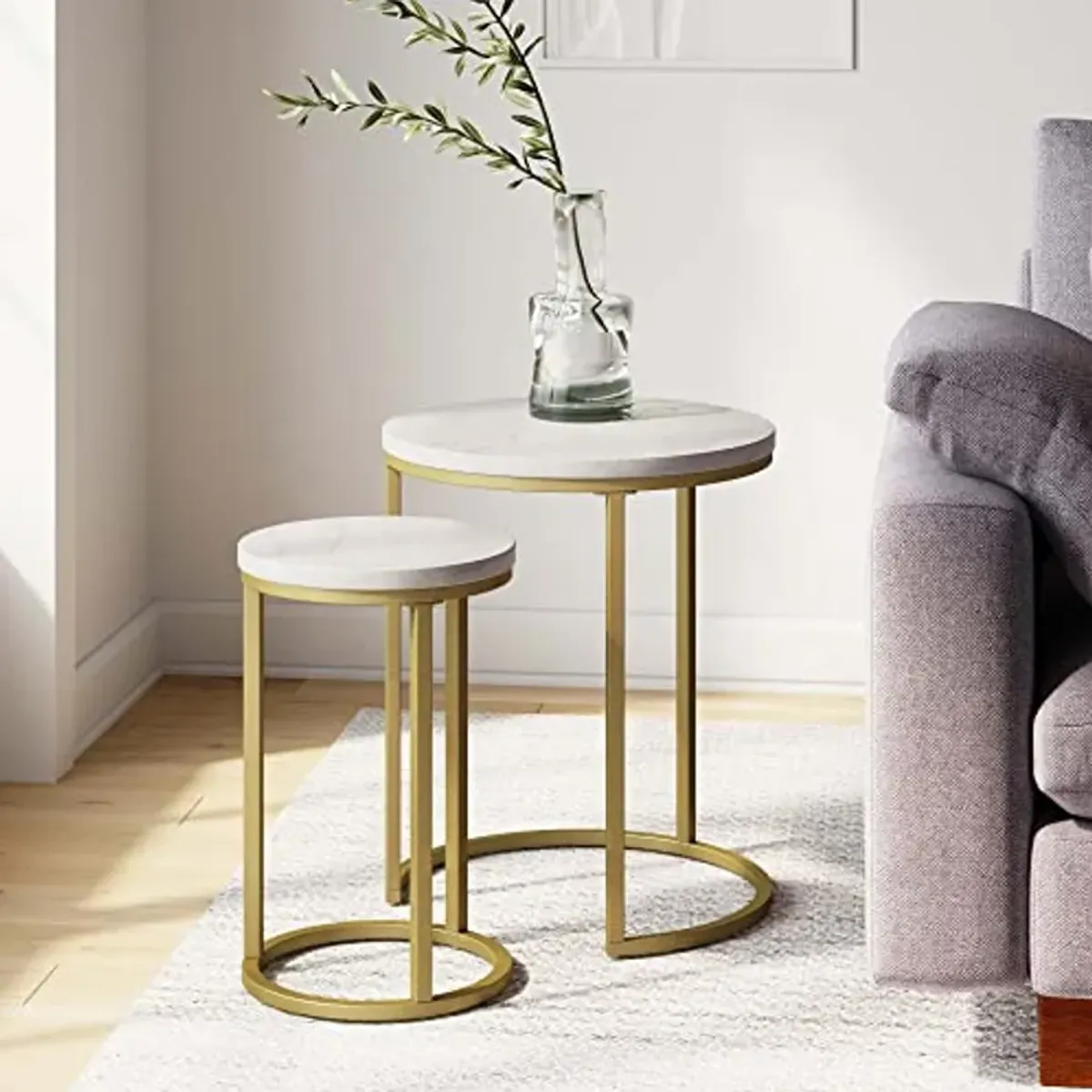 Nathan James Lula Nesting Round Side Set of 2, Accent End Table for Living Room with Wood or Marble Finish Tabletop and Metal Base, White/Gold