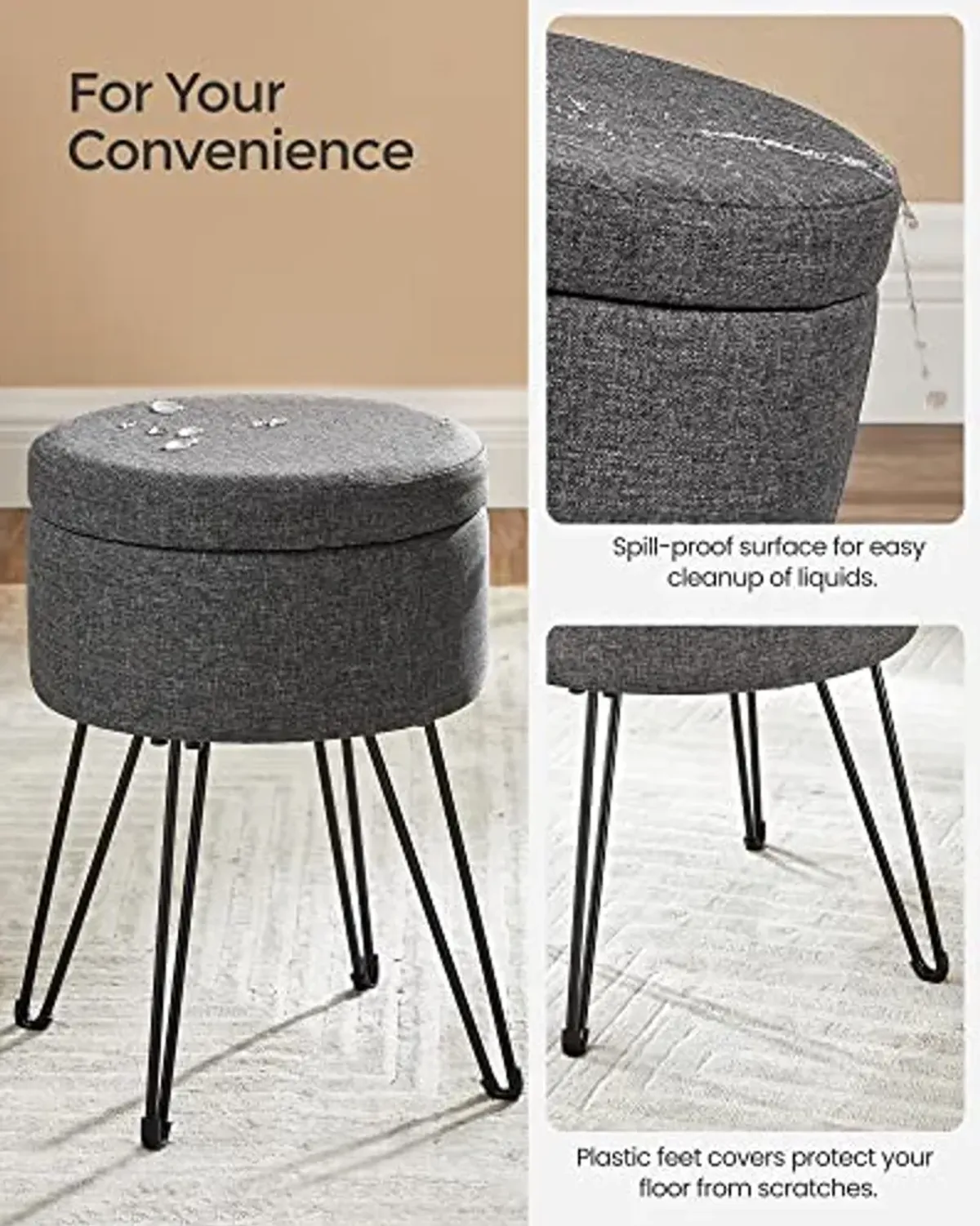 SONGMICS Vanity Stool Chair, Small Ottoman Stool with Storage, Vanity Chair, 15.4 Dia. x 17.4 Inches, 4 Metal Legs, for Makeup Room, for Living Room, Bedroom, Slate Gray ULOM002G01