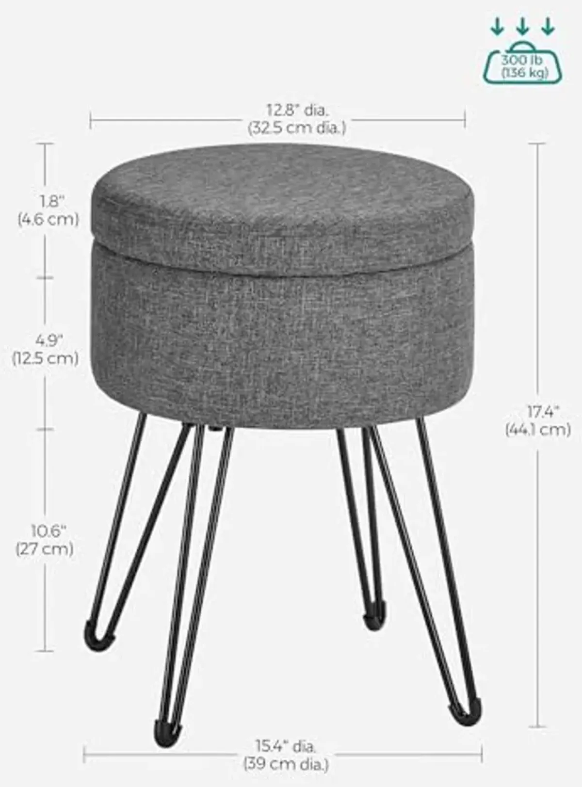 SONGMICS Vanity Stool Chair, Small Ottoman Stool with Storage, Vanity Chair, 15.4 Dia. x 17.4 Inches, 4 Metal Legs, for Makeup Room, for Living Room, Bedroom, Slate Gray ULOM002G01