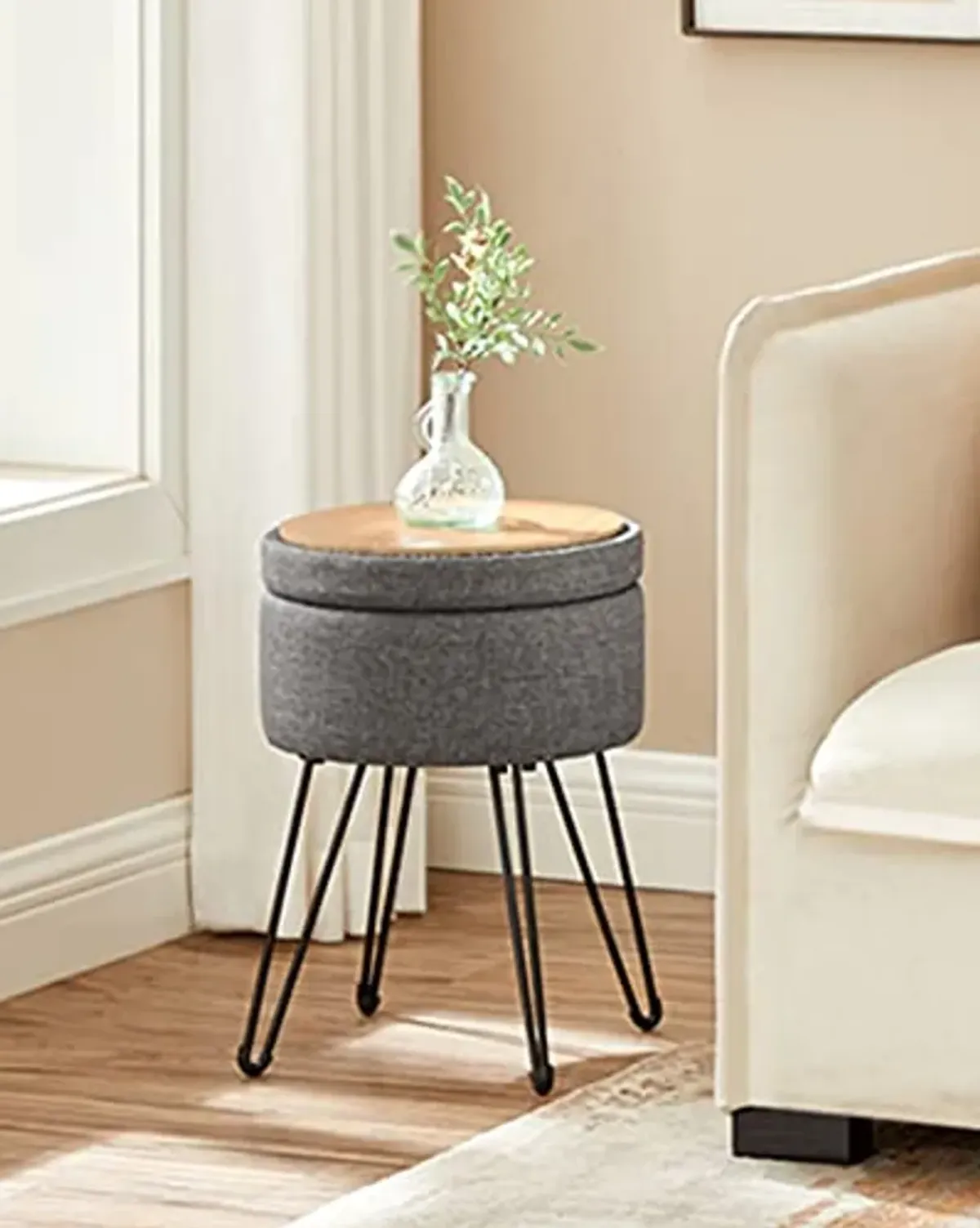 SONGMICS Vanity Stool Chair, Small Ottoman Stool with Storage, Vanity Chair, 15.4 Dia. x 17.4 Inches, 4 Metal Legs, for Makeup Room, for Living Room, Bedroom, Slate Gray ULOM002G01