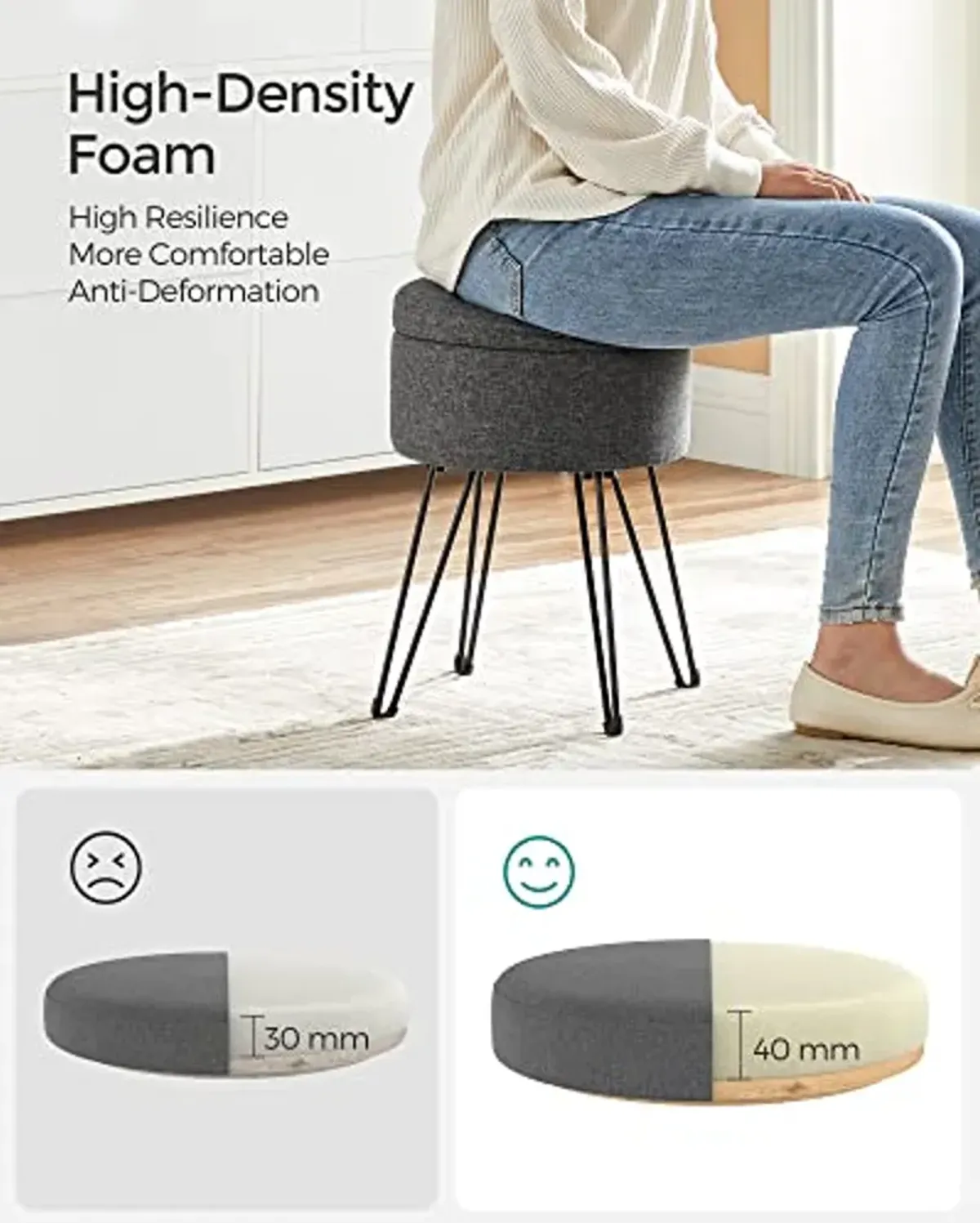 SONGMICS Vanity Stool Chair, Small Ottoman Stool with Storage, Vanity Chair, 15.4 Dia. x 17.4 Inches, 4 Metal Legs, for Makeup Room, for Living Room, Bedroom, Slate Gray ULOM002G01