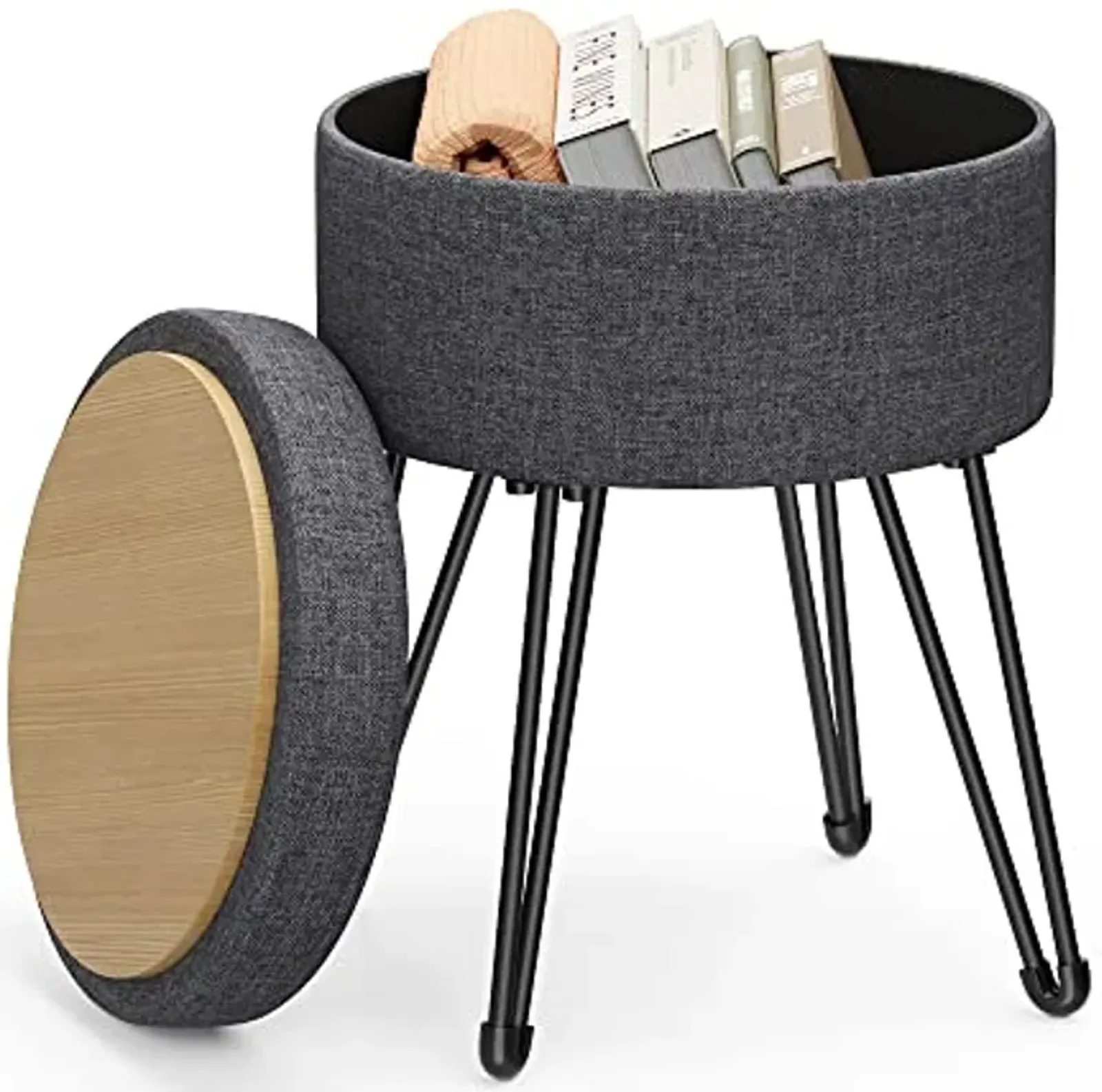 SONGMICS Vanity Stool Chair, Small Ottoman Stool with Storage, Vanity Chair, 15.4 Dia. x 17.4 Inches, 4 Metal Legs, for Makeup Room, for Living Room, Bedroom, Slate Gray ULOM002G01