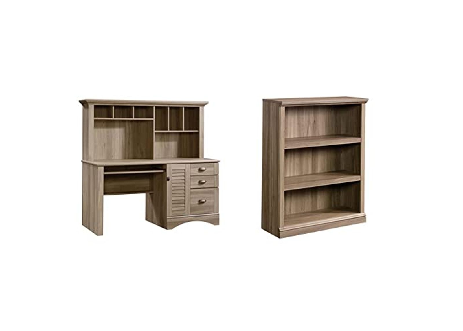 Sauder Harbor View Computer Desk with Hutch, Salt Oak Finish & Sauder Select Collection 3-Shelf Bookcase, Salt Oak Finish