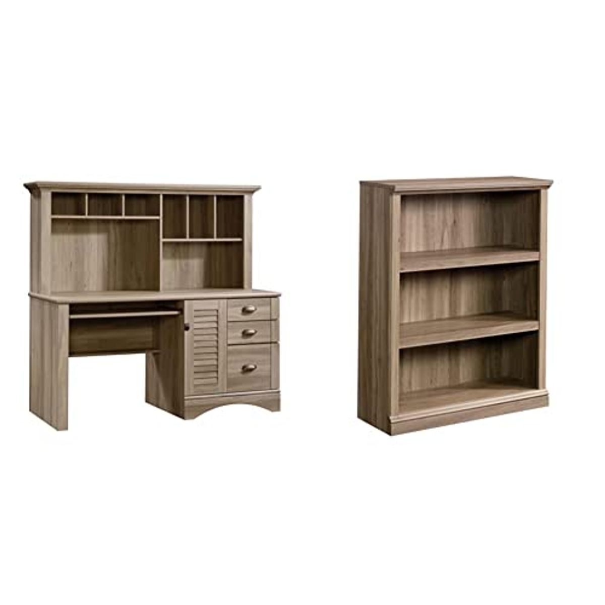 Sauder Harbor View Computer Desk with Hutch, Salt Oak Finish & Sauder Select Collection 3-Shelf Bookcase, Salt Oak Finish