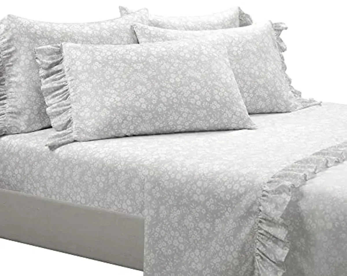 Lush Decor Garden of Flowers Ruffle 6 Piece Sheet Set, Full, Gray