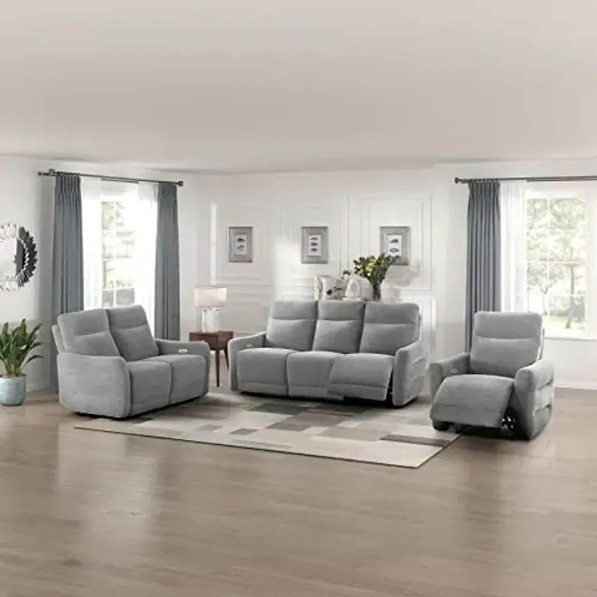 Lexicon Rainwood Wall-Hugger Power Double Lay Flat Reclining Living Room Set, 3-Piece, Dove Gray