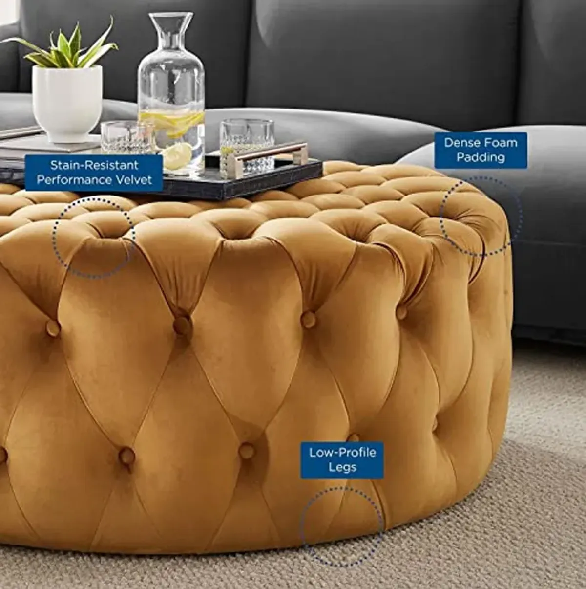 Modway Amour Modern Button Tufted Round Velvet Ottoman in Cognac Brown