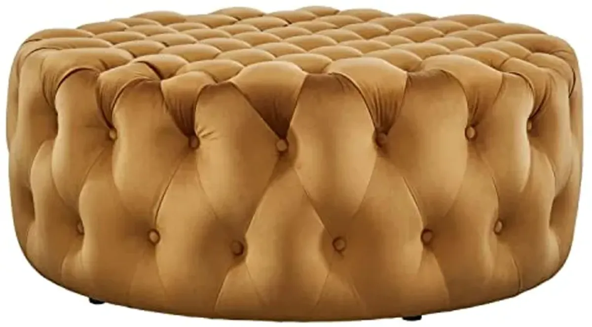 Modway Amour Modern Button Tufted Round Velvet Ottoman in Cognac Brown