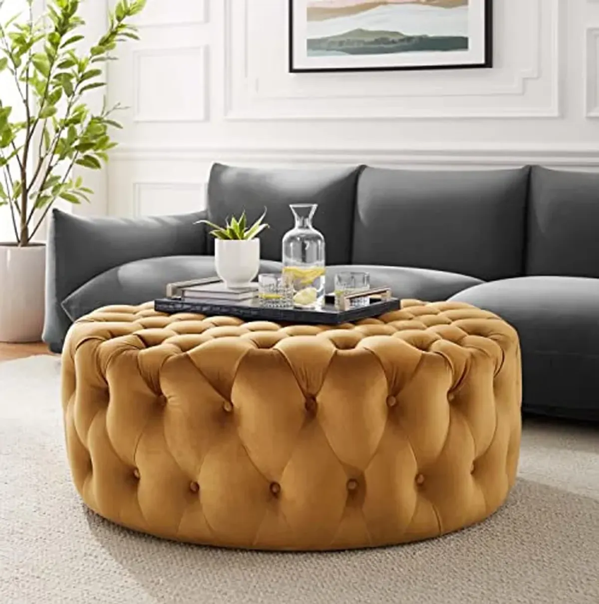 Modway Amour Modern Button Tufted Round Velvet Ottoman in Cognac Brown