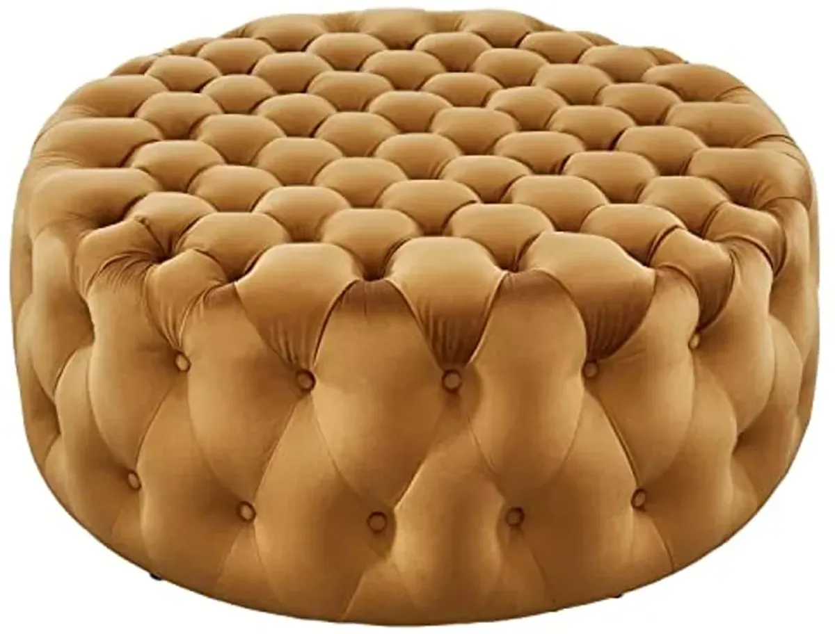 Modway Amour Modern Button Tufted Round Velvet Ottoman in Cognac Brown