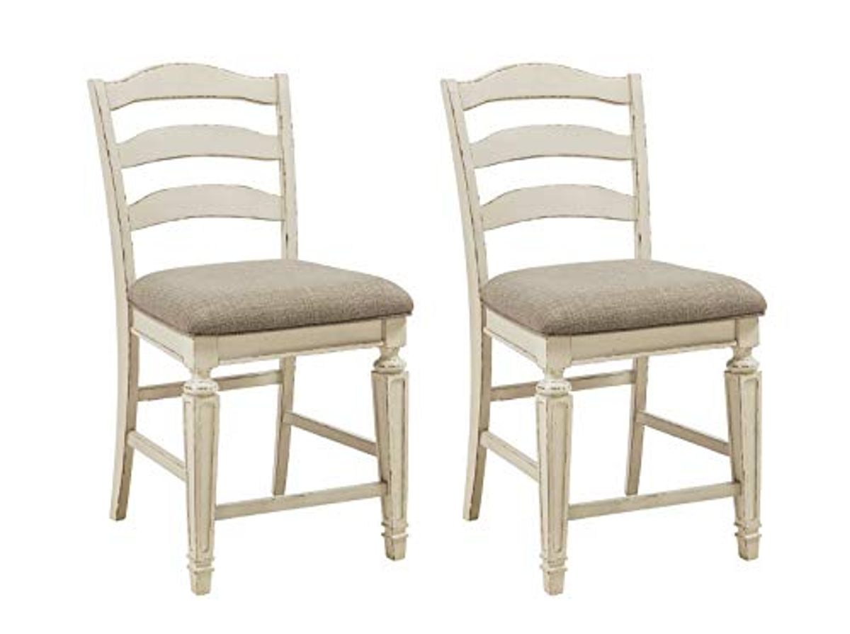 Signature Design by Ashley Realyn French Country 24.13" Counter Height Upholstered Barstool, Set of 2, Chipped White & Realyn French Country Counter Height Dining Room Table, Chipped White