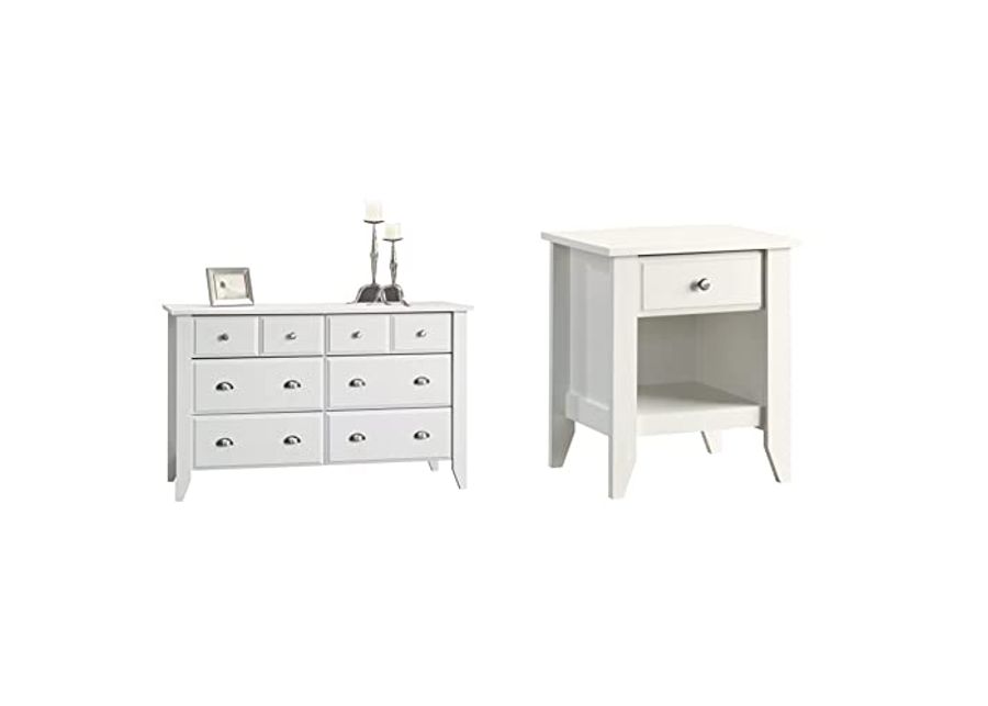 Sauder Shoal Creek Dresser (L: 54.65" x W: 18.43" x H: 33.03") and Night Stand in Soft White Finish