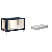 babyletto Lolly 3-in-1 Convertible Crib with Toddler Bed Conversion Kit in Navy/Washed Natural with Pure Core Crib Mattress Hybrid Quilted Waterproof Cover, Greenguard Gold Certified