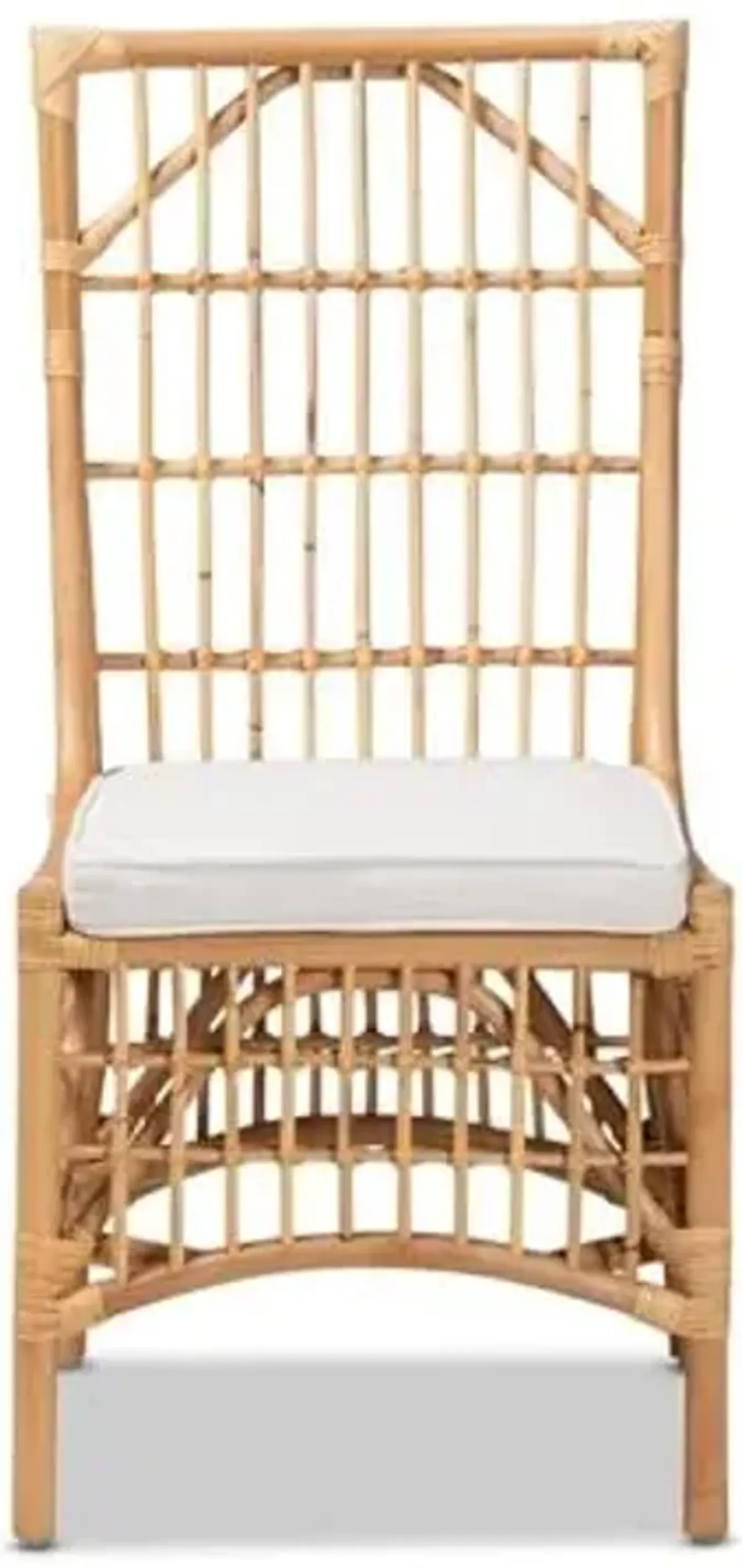 Baxton Studio Rose Modern Bohemian White Fabric Upholstered and Natural Brown Rattan Dining Chair