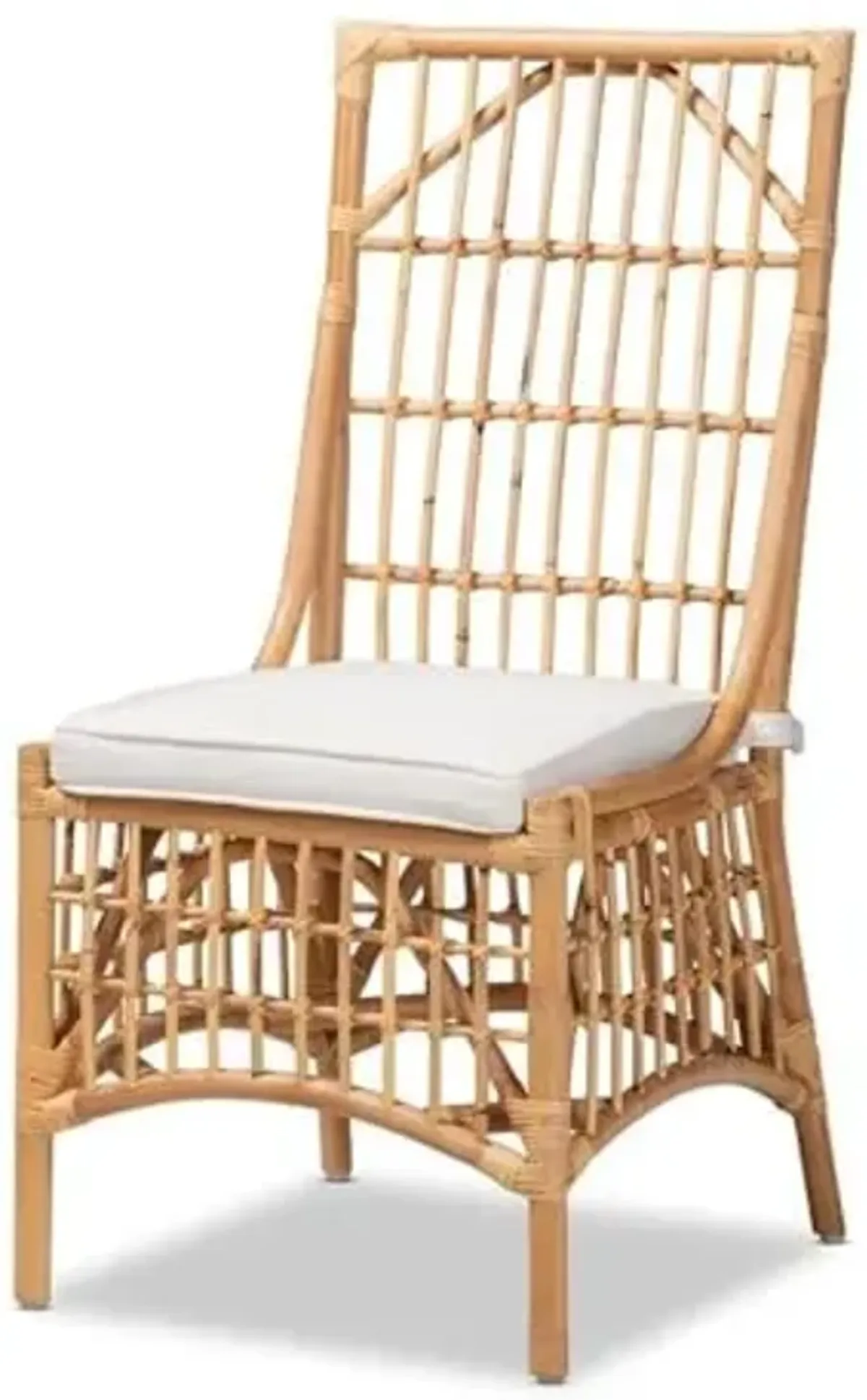 Baxton Studio Rose Modern Bohemian White Fabric Upholstered and Natural Brown Rattan Dining Chair