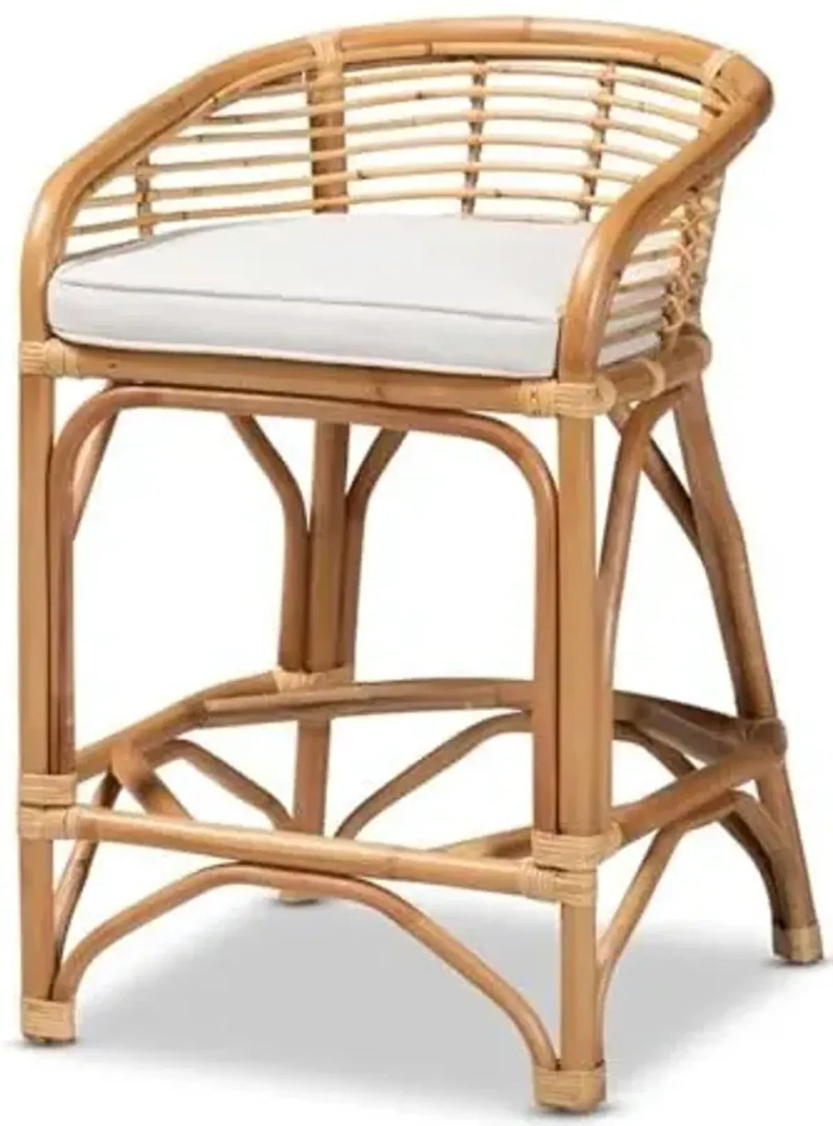 Baxton Studio Maverick Modern Bohemian White Fabric Upholstered and Natural Brown Rattan Counter Stool