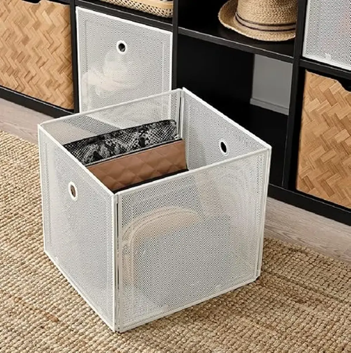 DRÖNJÖNS Storage Box,White KALLAX Shelving Unit Media Accessories and Clothes Organizer Steel Mesh Square Bin Foldable Handled 13x14 ½x13