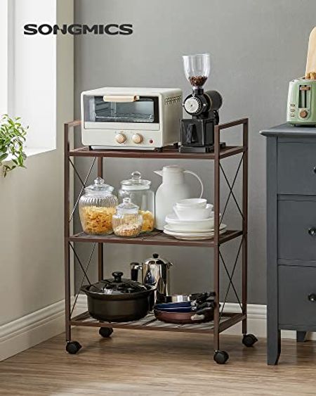 SONGMICS 3-Tier Metal Storage Rack with Wheels, Mesh Shelving Unit with X Side Frames, for Entryway, Kitchen, Living Room, Bathroom, Industrial Style, Bronze UBSC163A01