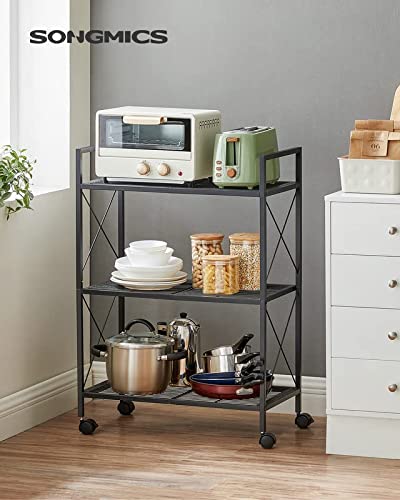 SONGMICS 3-Tier Metal Storage Rack with Wheels, Mesh Shelving Unit with X Side Frames, for Entryway, Kitchen, Living Room, Bathroom, Industrial Style, Black UBSC163B01