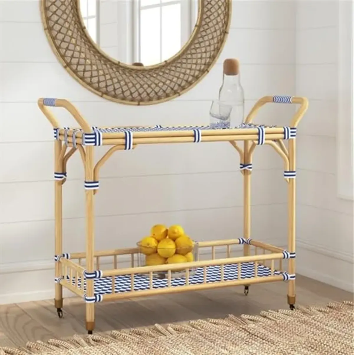 Bassett Mirror Company Ventana Rattan Bar Cart in Blue and White