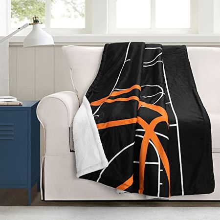 Lush Decor Basketball Game Sherpa Throw Blanket, 60" x 50", Black & Orange