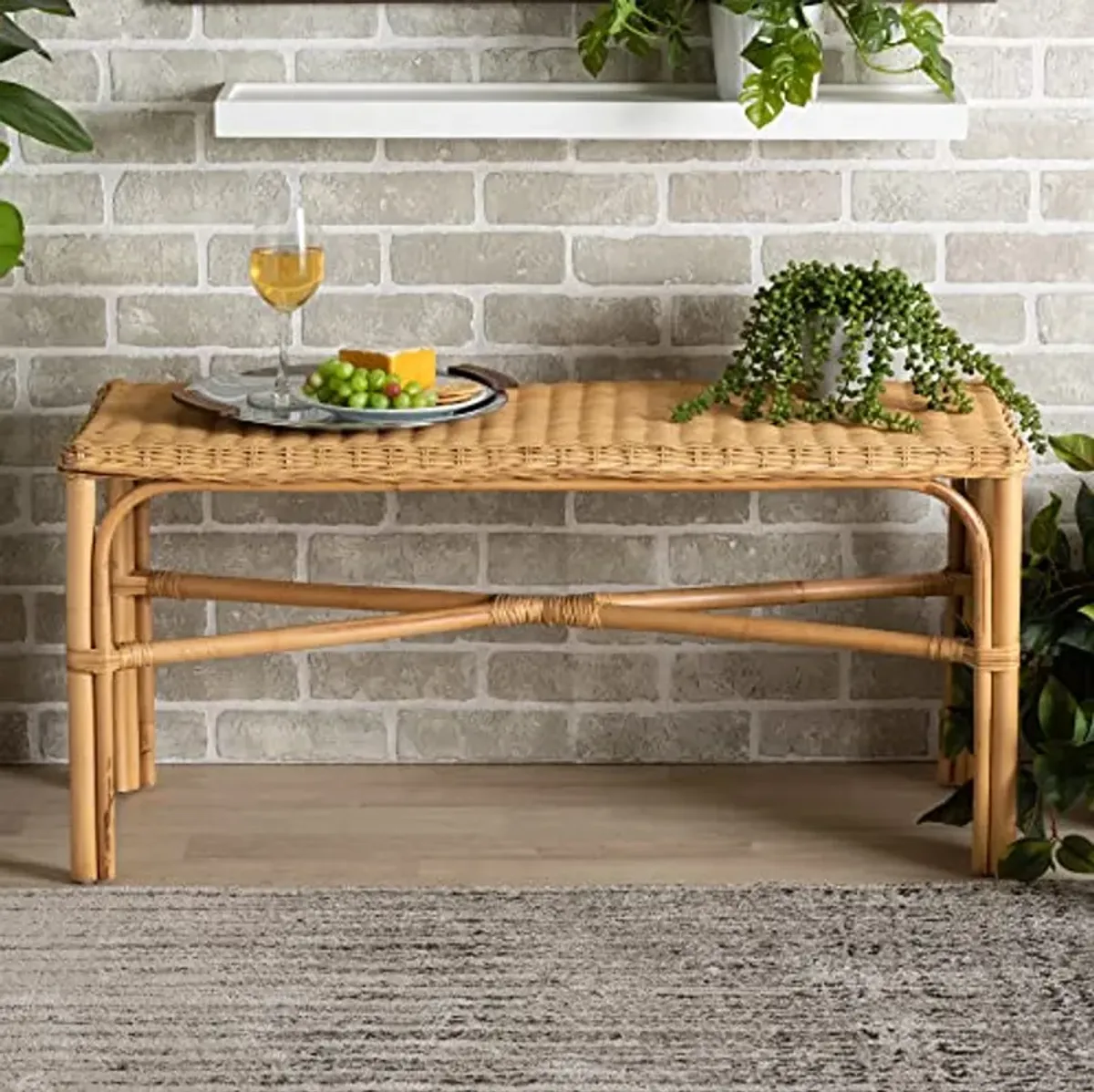 Baxton Studio Cacaban Natural Rattan Accent Bench, Light Honey