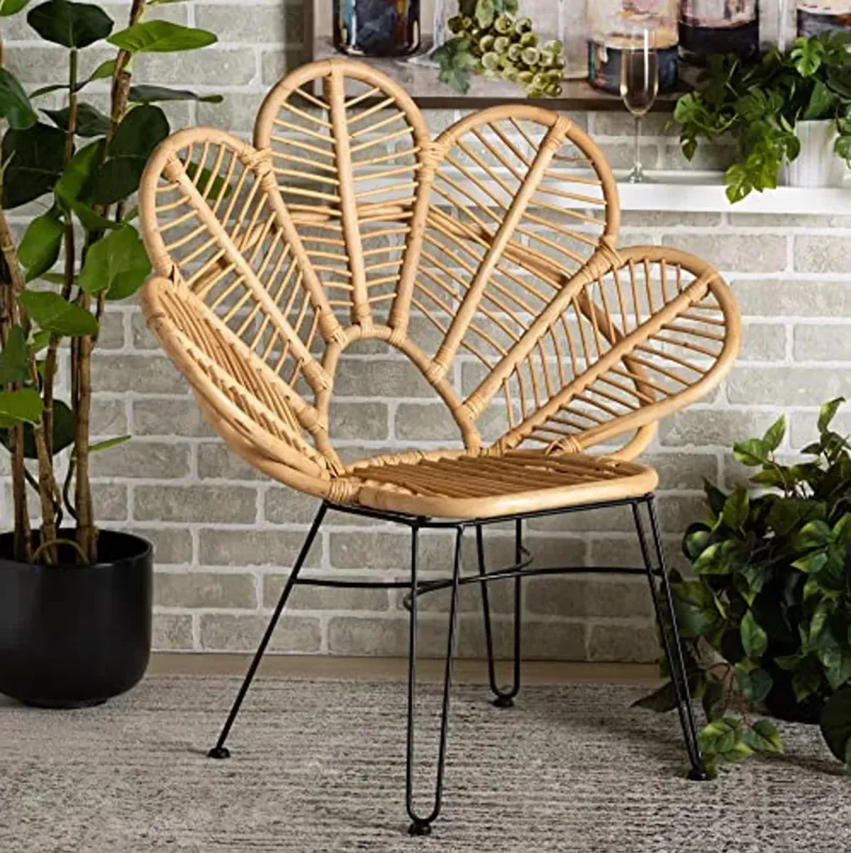 Baxton Studio Garan Natural Rattan Flower Accent Chair, Standard