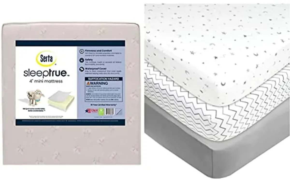 Delta Children Serta SleepTrue Mini Crib Mattress and American Baby Company 3 Pack Fitted Mini Crib Sheet Set for Boys and Girls