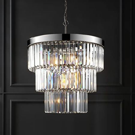Safavieh Lighting Collection Coulette Art Deco Nickel Crystal 30-inch Diameter Adjustable Hanging Chandelier Light Fixture (LED Bulbs Included)