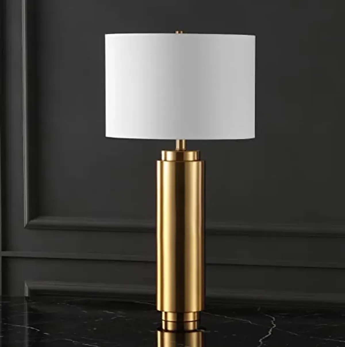 SAFAVIEH Couture Lighting Collection Terry Modern Metal Pillar Gold/White 30-inch Bedroom Living Room Home Office Desk Nightstand Table Lamp (LED Bulb Included)