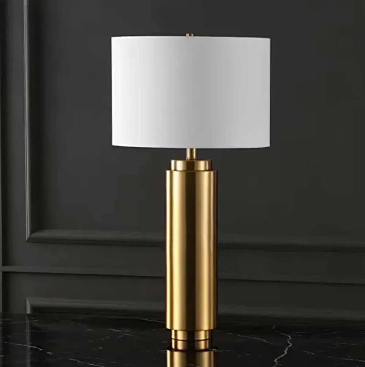 SAFAVIEH Couture Lighting Collection Terry Modern Metal Pillar Gold/White 30-inch Bedroom Living Room Home Office Desk Nightstand Table Lamp (LED Bulb Included)
