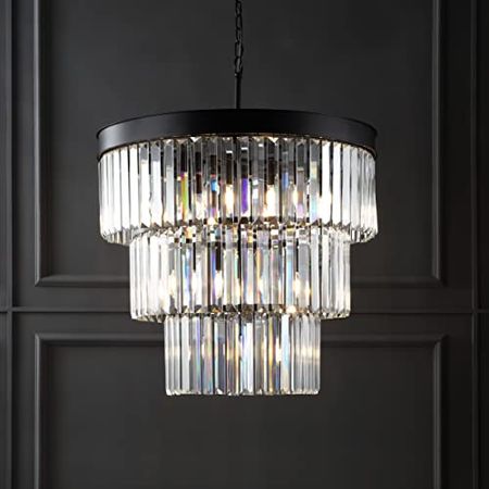 Safavieh Lighting Collection Coulette Art Deco Black Crystal 30-inch Diameter Adjustable Hanging Chandelier Light Fixture (LED Bulbs Included)