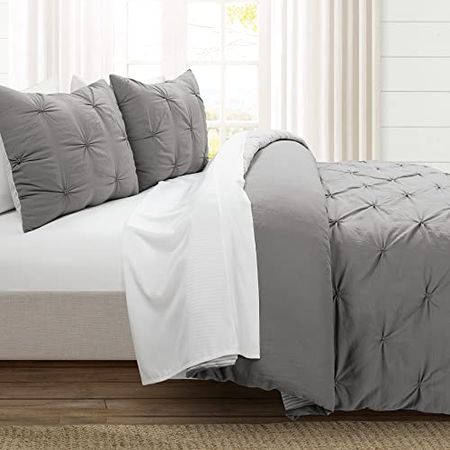 Lush Decor Ravello Pintuck Vintage Chic Farmhouse Style Bed in a Bag Soft Reversible Printed Comforter & Sheet Set, King, Gray