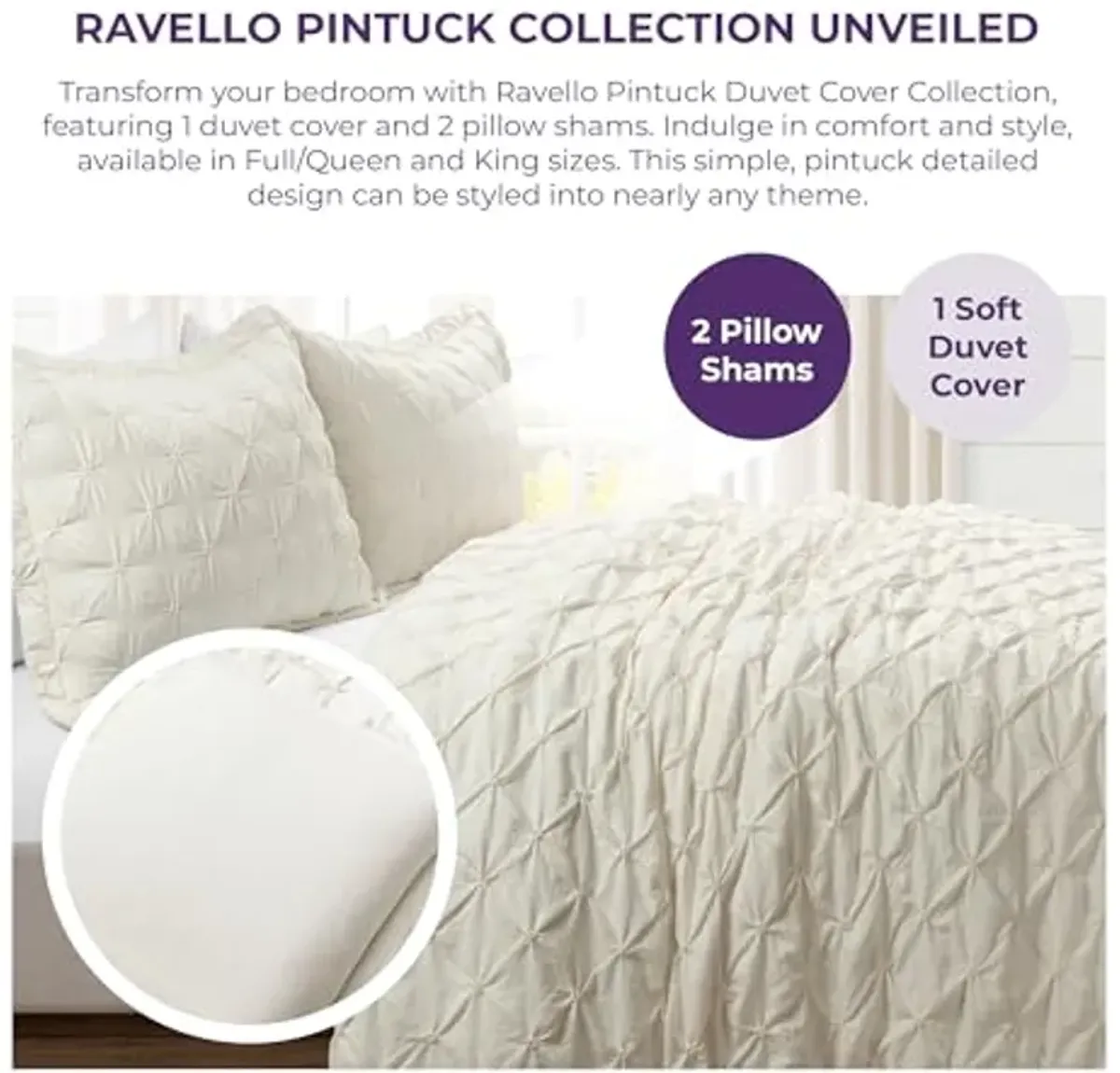 Lush Decor Ravello Pintuck Duvet Cover Set - Luxe 3 Piece Textured Oversized Bedding Set - Traditional Glam & Farmhouse Inspired Bedroom Decor - Full/ Queen, Ivory