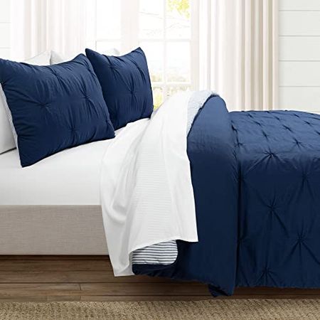 Lush Decor Ravello Pintuck Vintage Chic Farmhouse Style Bed in a Bag Soft Reversible Printed Comforter & Sheet Set, Queen, Navy