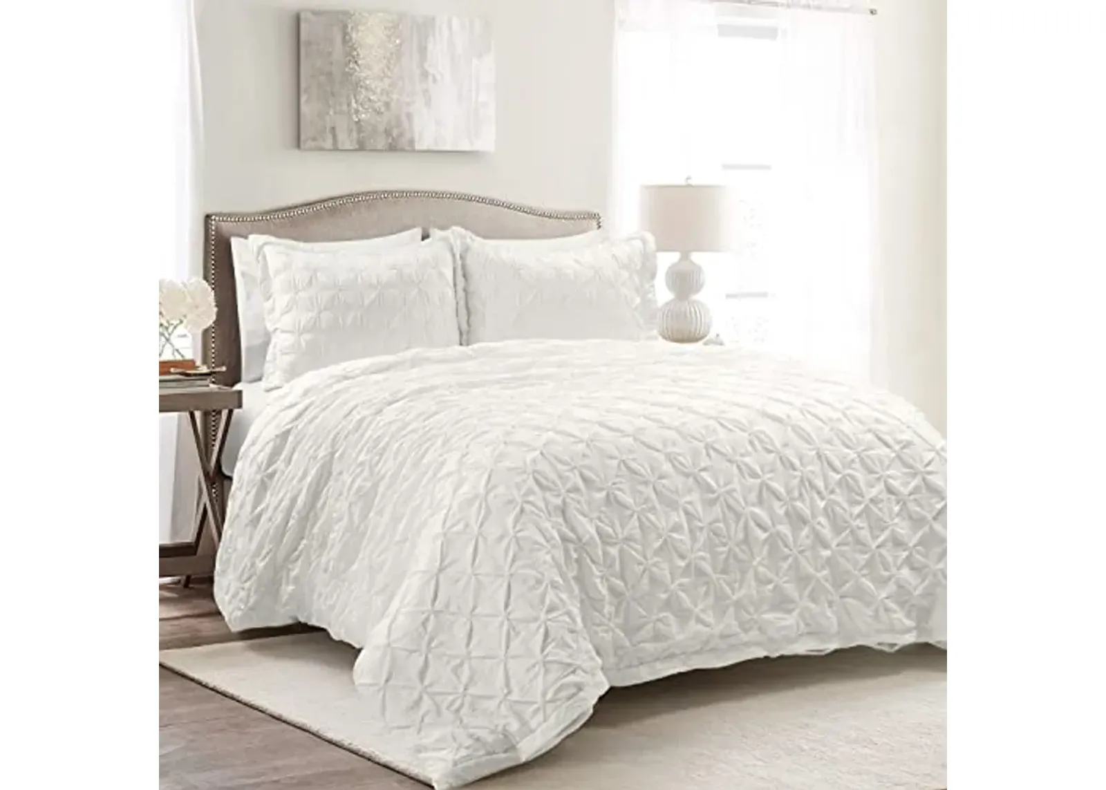 Lush Decor Ravello Pintuck Duvet Cover Set - Luxe 3 Piece Textured Oversized Bedding Set - Traditional Glam & Farmhouse Inspired Bedroom Decor - Full/ Queen, White